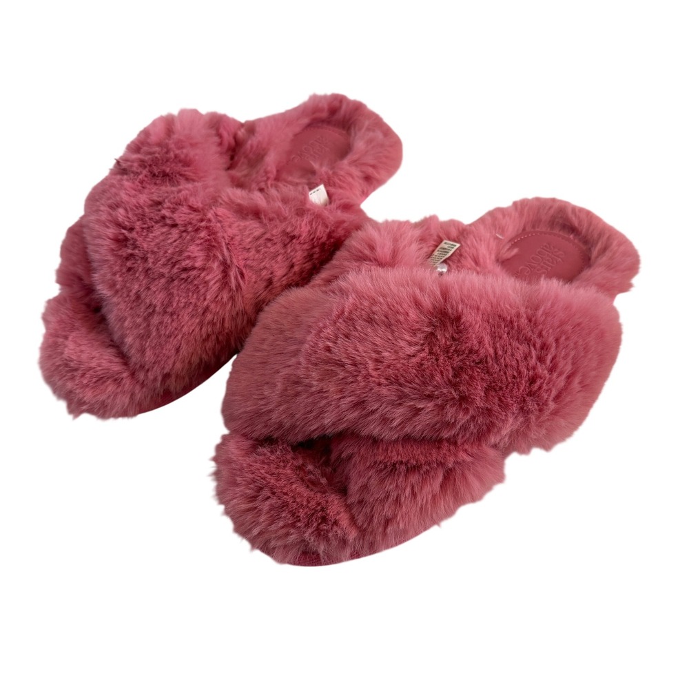 Stars Above Pink Faux Fur Cross Band Slide Slippers Womens Size S 5/6 098053876